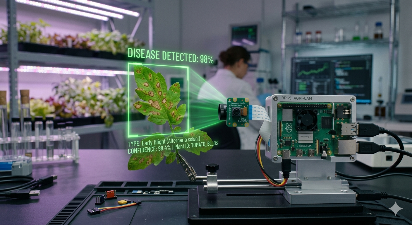 A professional cinematic shot of a Raspberry Pi with a camera module pointed at a plant leaf with spots. A digital holographic overlay shows a green square around the leaf spots with the text 'Disease Detected: 98%'. High-tech agriculture laboratory setting, 8k resolution, sleek tech aesthetic
